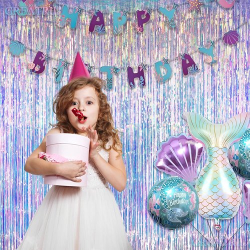 GREATRIL Iridescent Party Streamers Backdrop - Neon Holographic Tinsel Foil Curtain | 3.2ft x 6.5ft, 2 PCS