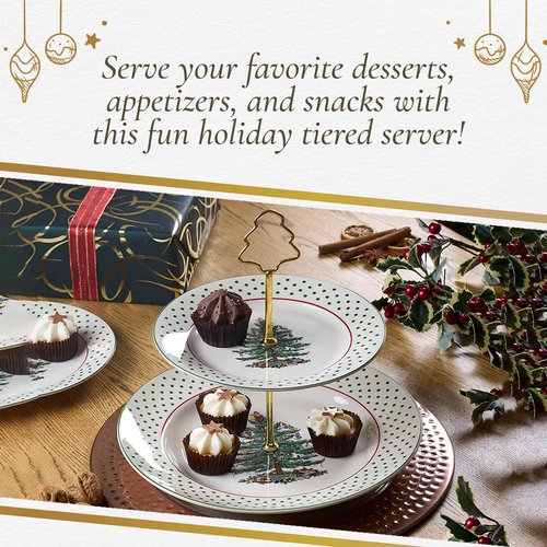 Spode Christmas Tree 2-Tiered Server (8" & 10") - Polka Dot Tiered Tray for Serving Food, Cake, Desserts, Holiday Treats, Festive Tableware with Gold Handle, Durable Stoneware - Dishwasher Safe