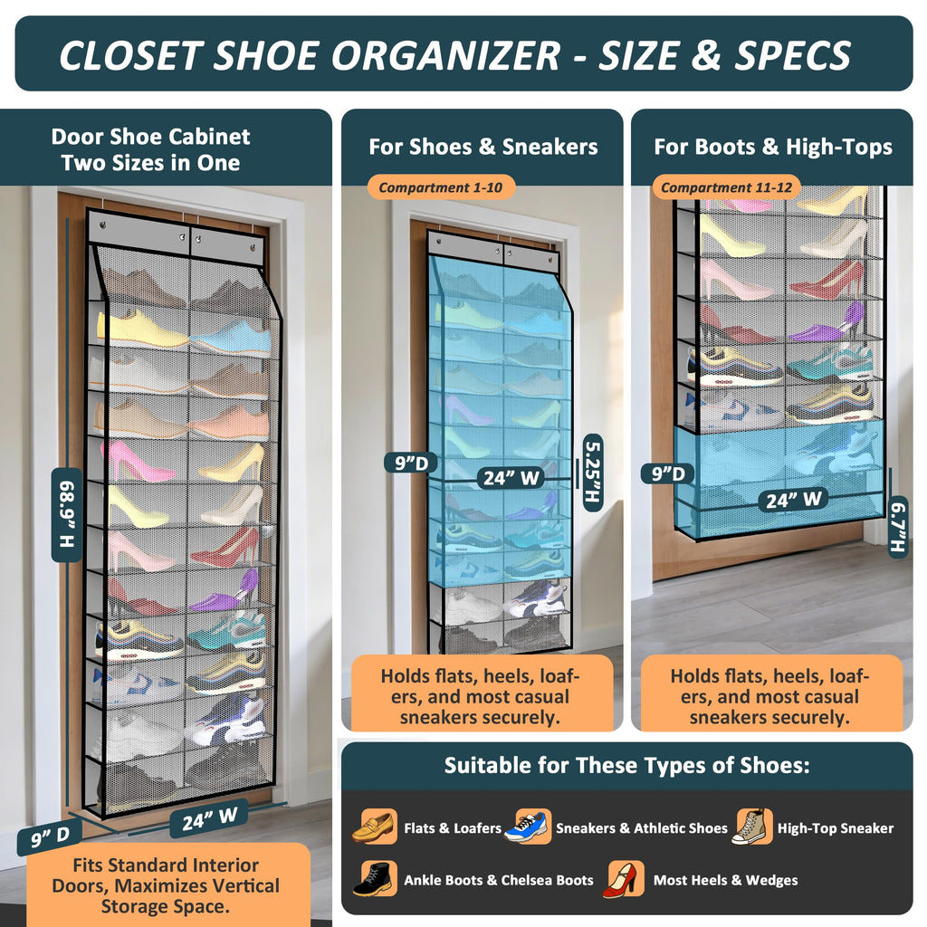 Kotkn 24-Pair Over Door Shoe Organizer for Family & Kids, Double Sided | Hanging Storage for Sneakers, Boots, Toys & Room Organization-Graphite Gray