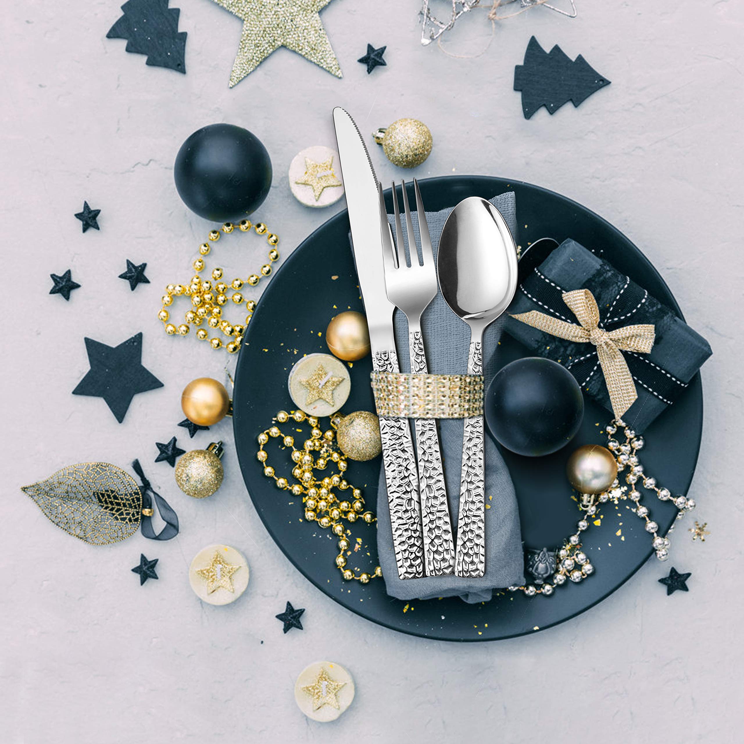 65-Piece Silverware Set with Serving Pieces, E-far Stainless Steel Hammered Flatware Eating Utensils Service for 12, Modern Tableware Cutlery Set with Square Edge, Mirror Polished, Dishwasher Safe