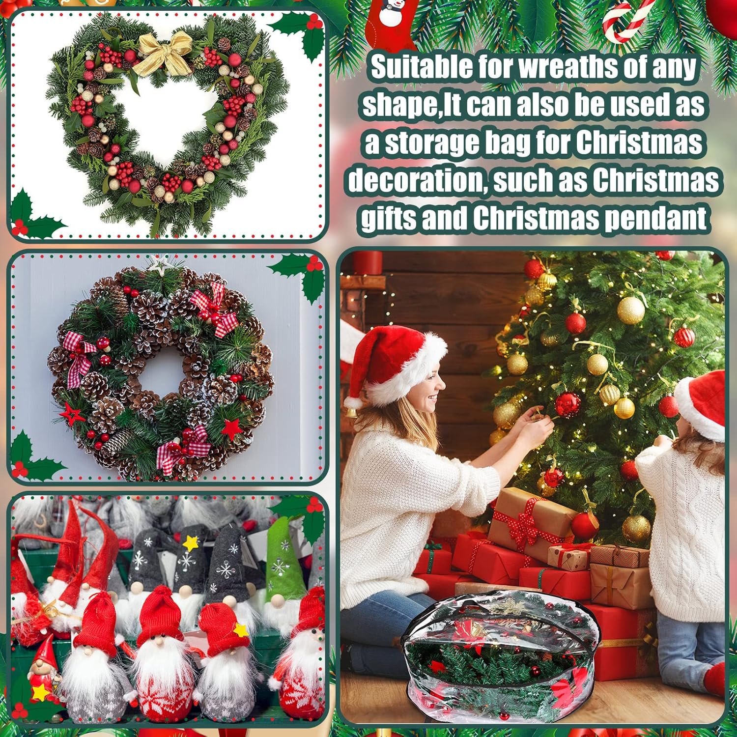 Shappy Christmas Wreath Storage Bag - 24-Inch Clear Container with Dual Zippers & Reinforced Handles | Black
