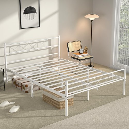 VECELO Full Size Bed Frame with Headboard, Heavy-Duty Platform Bedframe with Strong Metal Slats, No Box Spring Needed, Easy Assembly, White