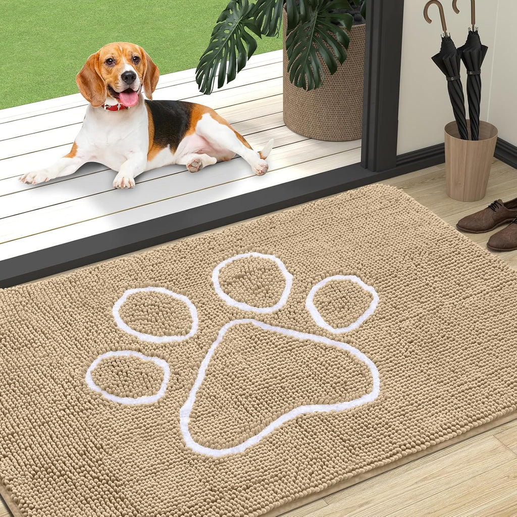 OLANLY Dog Door Mat - Absorbent Non-Slip Mud Mat for Paws | 47x32 Paw Print Design in Beige