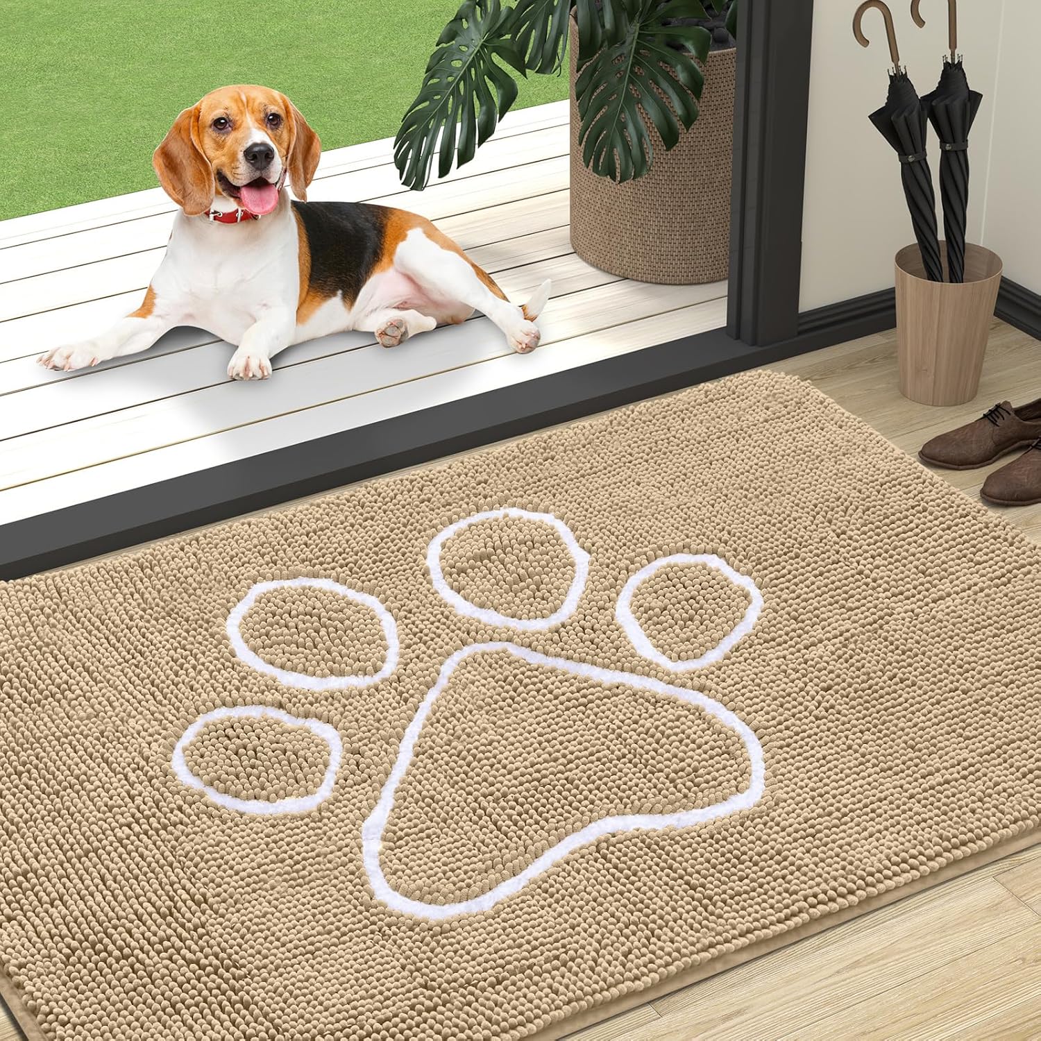 OLANLY Dog Door Mat - Absorbent Non-Slip Mud Mat for Paws | 47x32 Paw Print Design in Beige