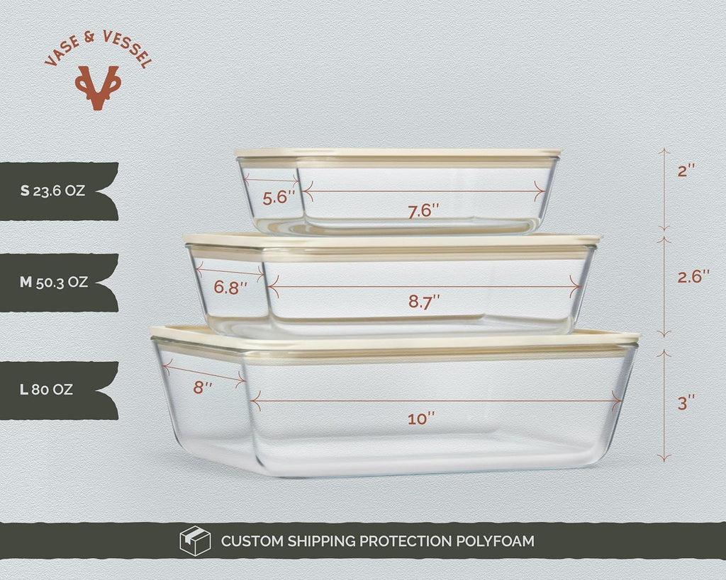 Skiennix Glass Storage Container Set - Borosilicate Glass with Tempered Lids | Airtight & Microwave Safe (Rectangular - Set of 3)