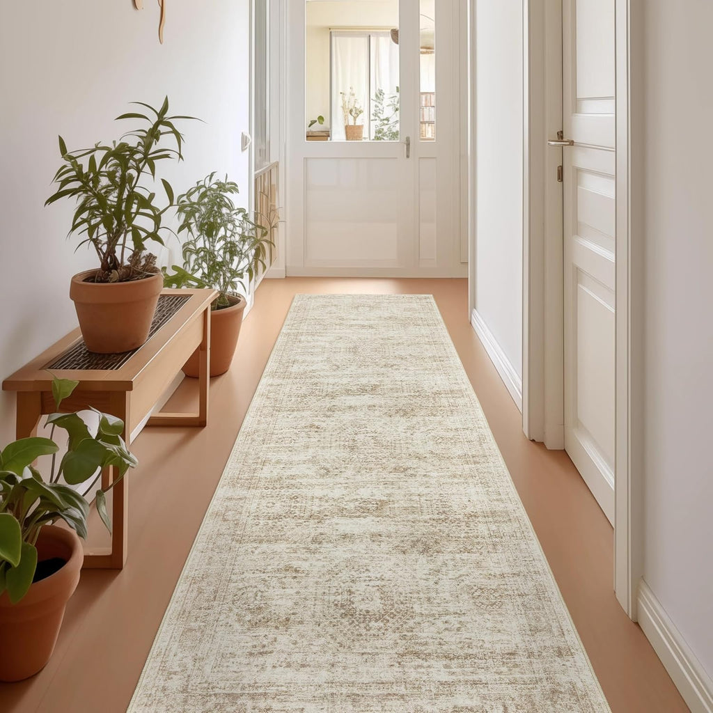 Skiennix Rug Runners for Hallways - Non-Slip 2x8 Runner Rug, Washable Soft Low-Pile Carpet in Beige/Ivory