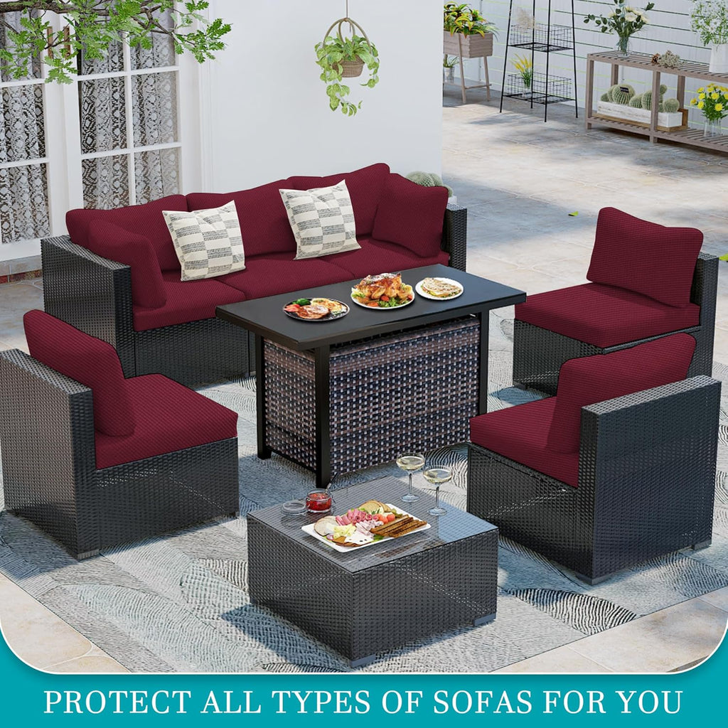 Skiennix 12-Piece Stretch Patio Cushion Covers - Washable Outdoor Sofa Slipcovers in Wine Red