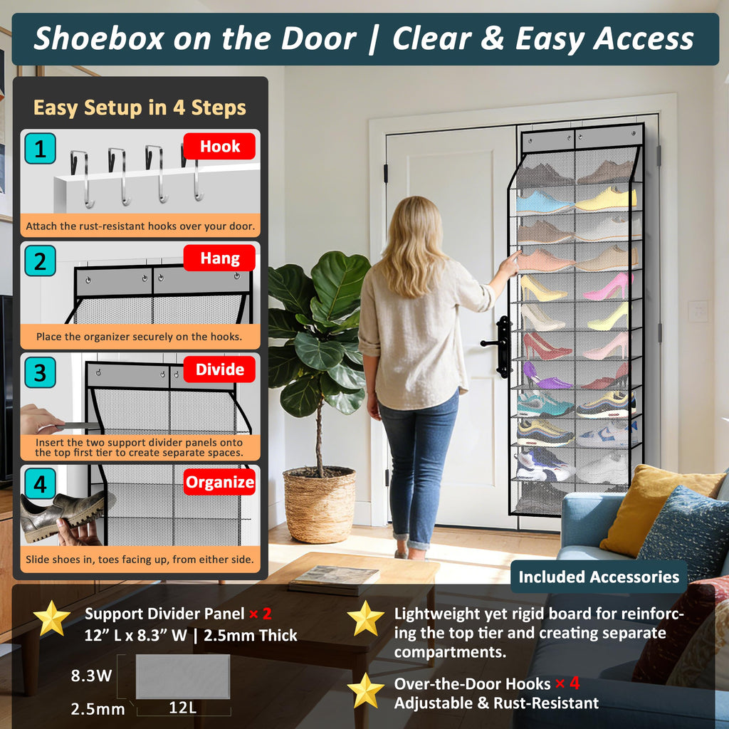 Kotkn 24-Pair Over Door Shoe Organizer for Family & Kids, Double Sided | Hanging Storage for Sneakers, Boots, Toys & Room Organization-Graphite Gray