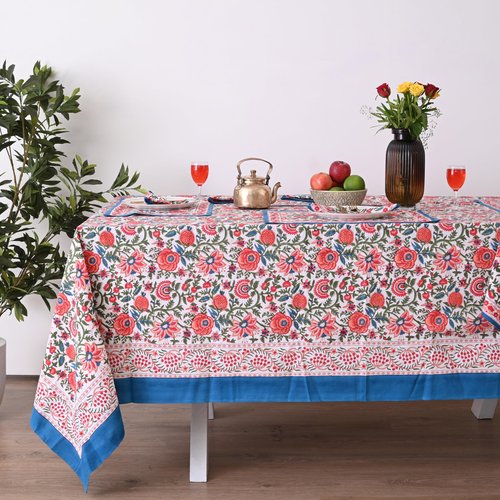 DecorAvenue Hand Block Printed Cotton Tablecloth Elegant Floral Design Perfect for Dining Table Kitchen Parties Home Decor, Wall Tapestry (Peach Floral, 10 Seater 72 x 118 Inches Rectangle)