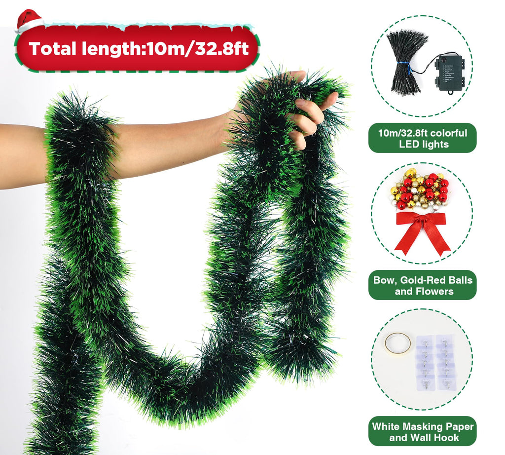 PWSOMJ 32 Feet Christmas Garland with Lights, DIY Christmas Tree Wall Corner Decor Tinsel Garland with Butterfly, Flower and Balls, Battery Operated (Battery Not Included) for DIY Decoration