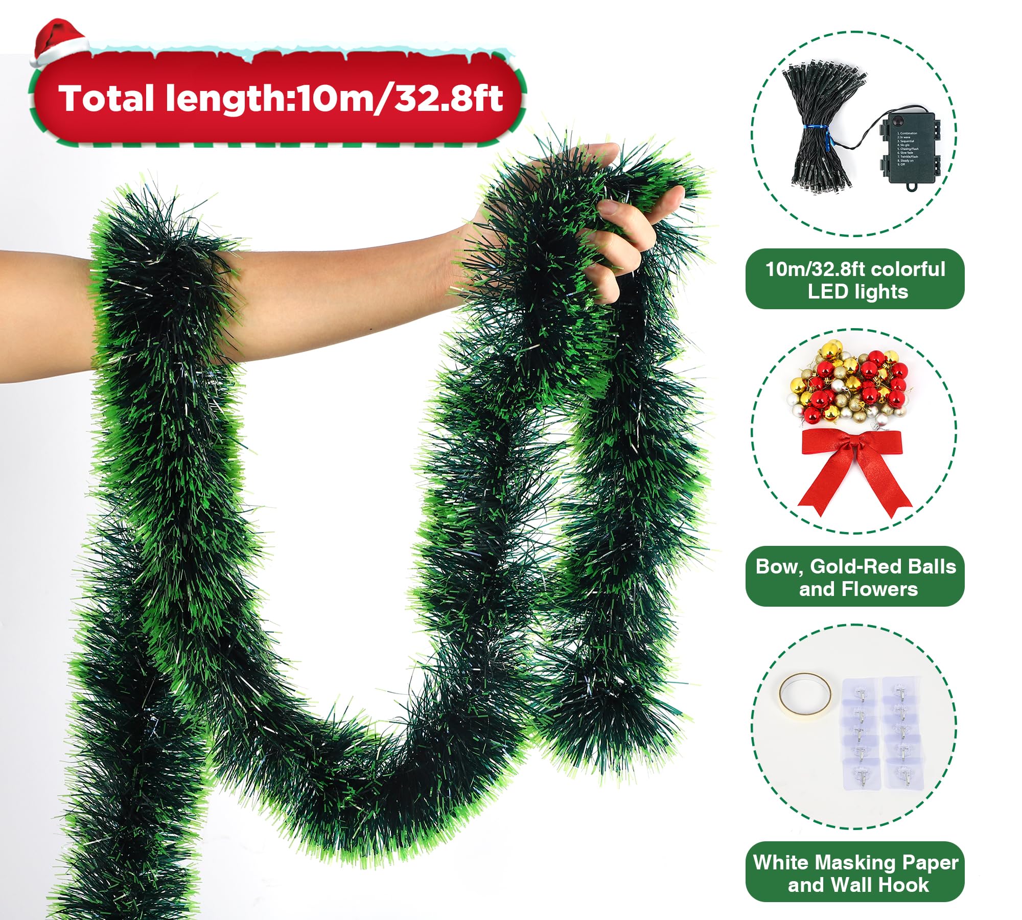 PWSOMJ 32 Feet Christmas Garland with Lights, DIY Christmas Tree Wall Corner Decor Tinsel Garland with Butterfly, Flower and Balls, Battery Operated (Battery Not Included) for DIY Decoration