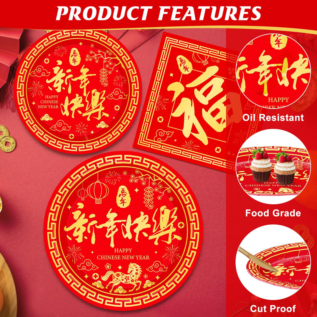 QZYL 150 PCS Lunar New Year Decorations 2026, Disposable Chinese New Year Plates and Napkins, Red Paper Plates, Serve for 50 Spring Festival Party Supplies Chinese Year of the Horse Cutlery