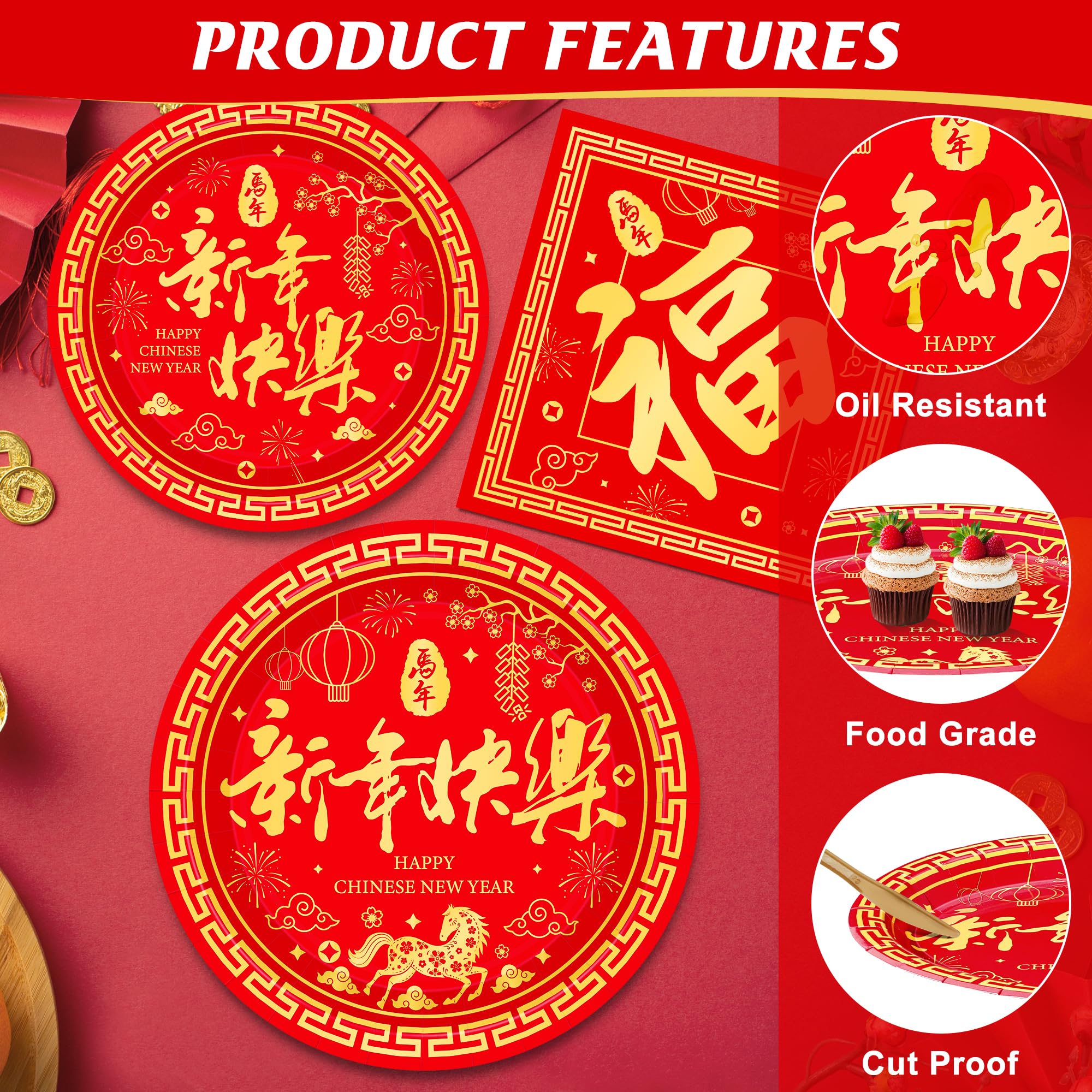 QZYL 150 PCS Lunar New Year Decorations 2026, Disposable Chinese New Year Plates and Napkins, Red Paper Plates, Serve for 50 Spring Festival Party Supplies Chinese Year of the Horse Cutlery