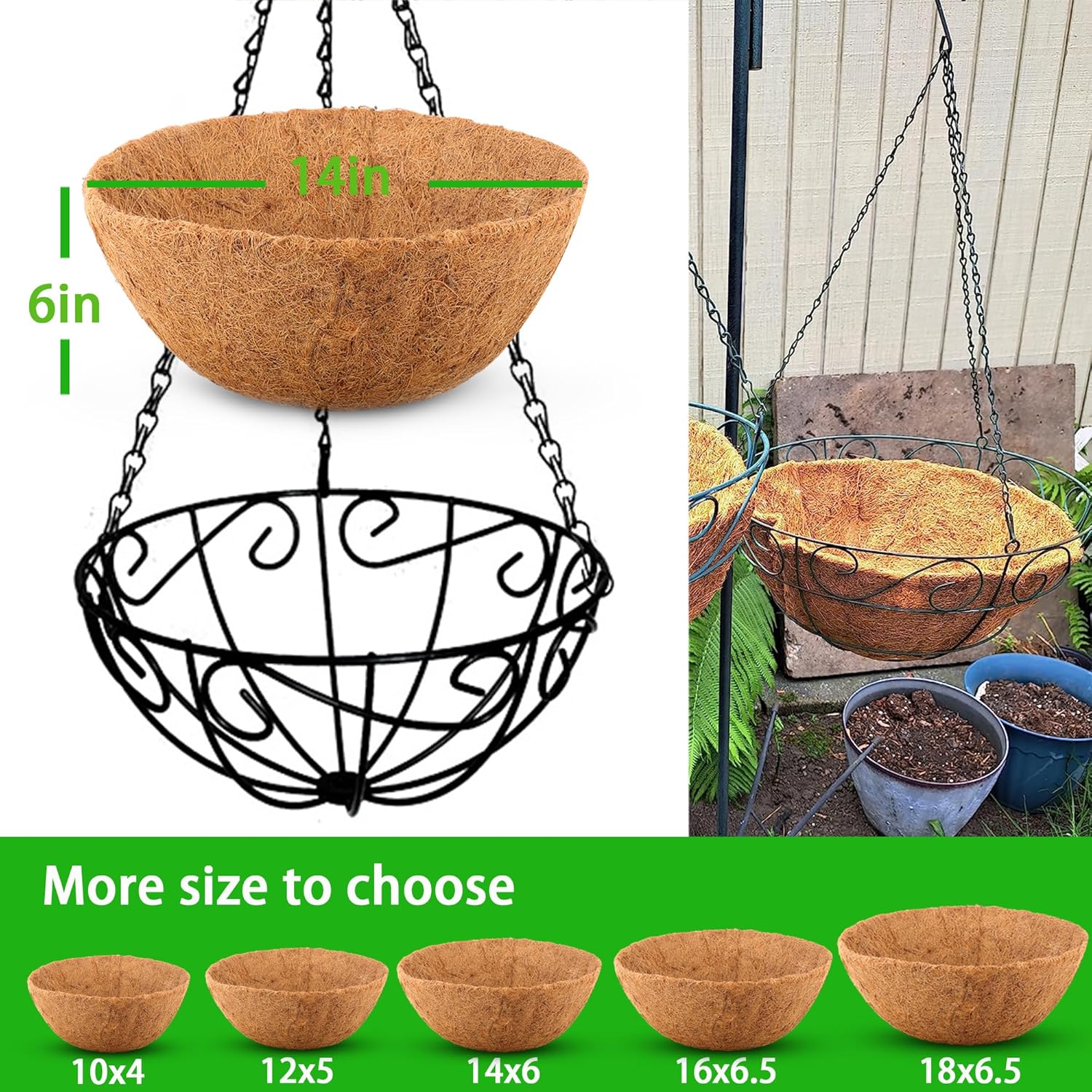Skiennix 14-Inch Coco Liners - Natural Round Coconut Fiber Replacement for Hanging Baskets | 6 Pcs