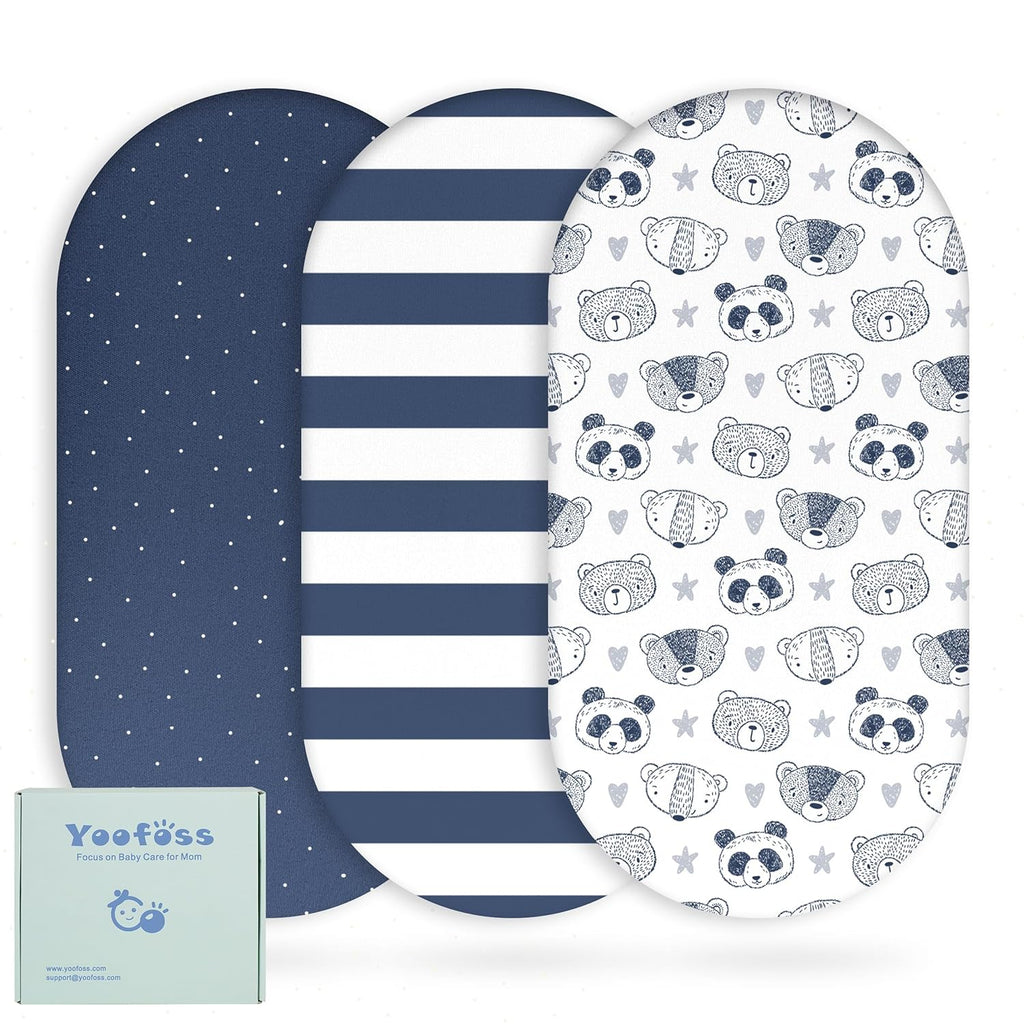 Yoofoss Bassinet Sheets - 3-Pack Fitted Baby Sheets for Halo & Angelbliss | Soft & Breathable Stripes & Panda