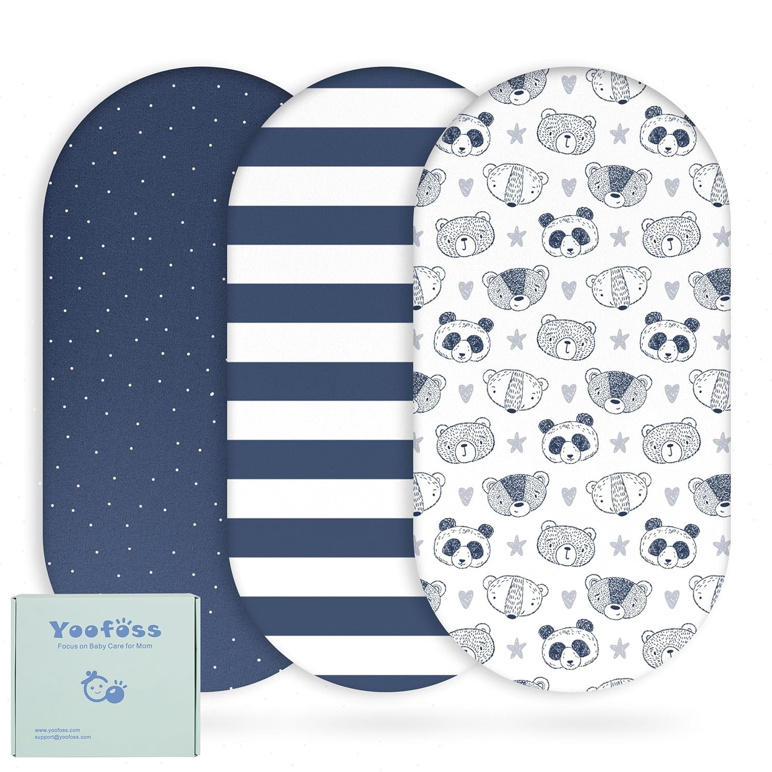 Yoofoss Bassinet Sheets - 3-Pack Fitted Baby Sheets for Halo & Angelbliss | Soft & Breathable Stripes & Panda