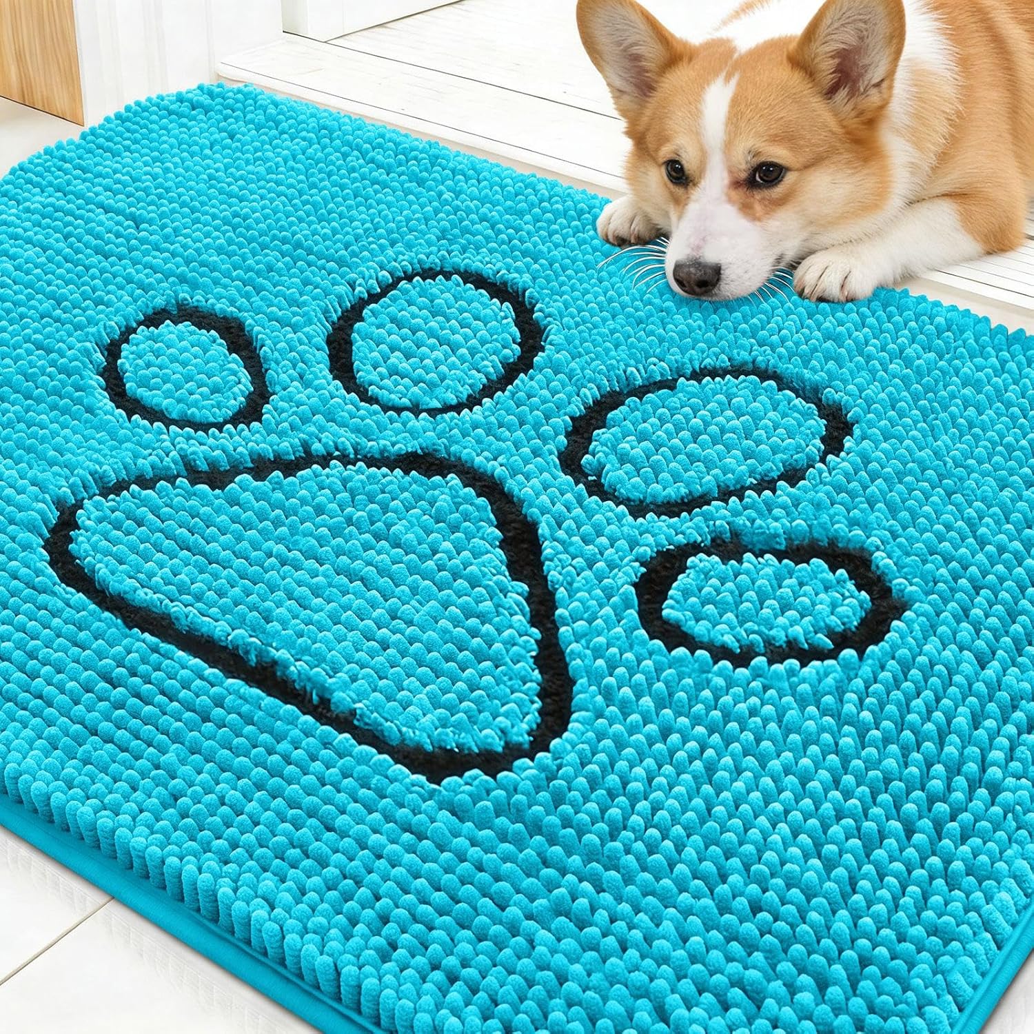 OLANLY Dog Door Mat - Absorbent Non-Slip Mud Mat for Dogs | Paw Print Design, Aqua Blue 30x20
