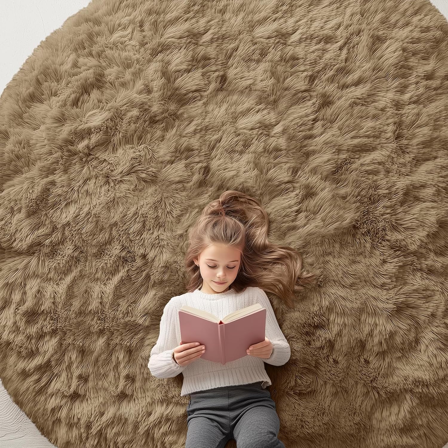 OLANLY Taupe Round Area Rug - Soft, Fluffy, Machine Washable 8 ft Circle Carpet for Bedroom & Living Room