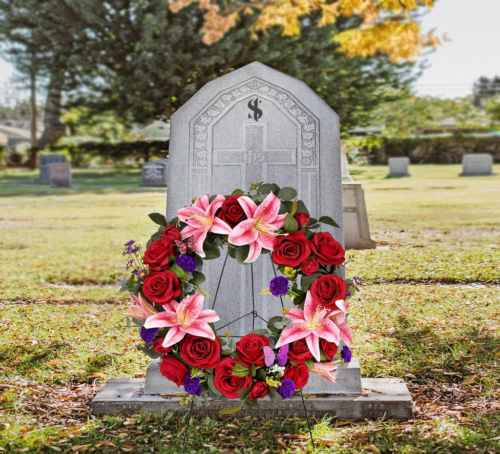 Regine Switzerland Cemetery Wreath - Handmade Floral Arrangement with 30-Inch Easel Stand | Red & Pink Roses, Lilies, Daisies, and Carnations