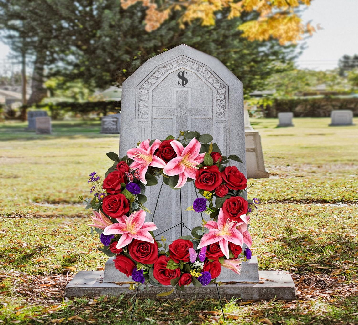 Regine Switzerland Cemetery Wreath - Handmade Floral Arrangement with 30-Inch Easel Stand | Red & Pink Roses, Lilies, Daisies, and Carnations