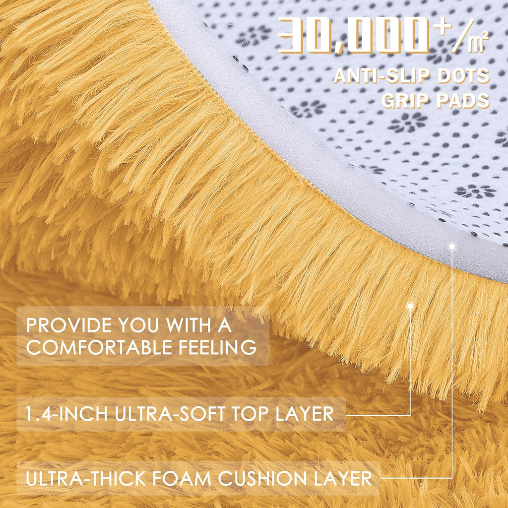 OLANLY Mustard Yellow Round Rug - Soft, Fluffy Shaggy Carpet | 7 ft Machine Washable Area Rug for Bedroom, Living Room, Nursery Decor