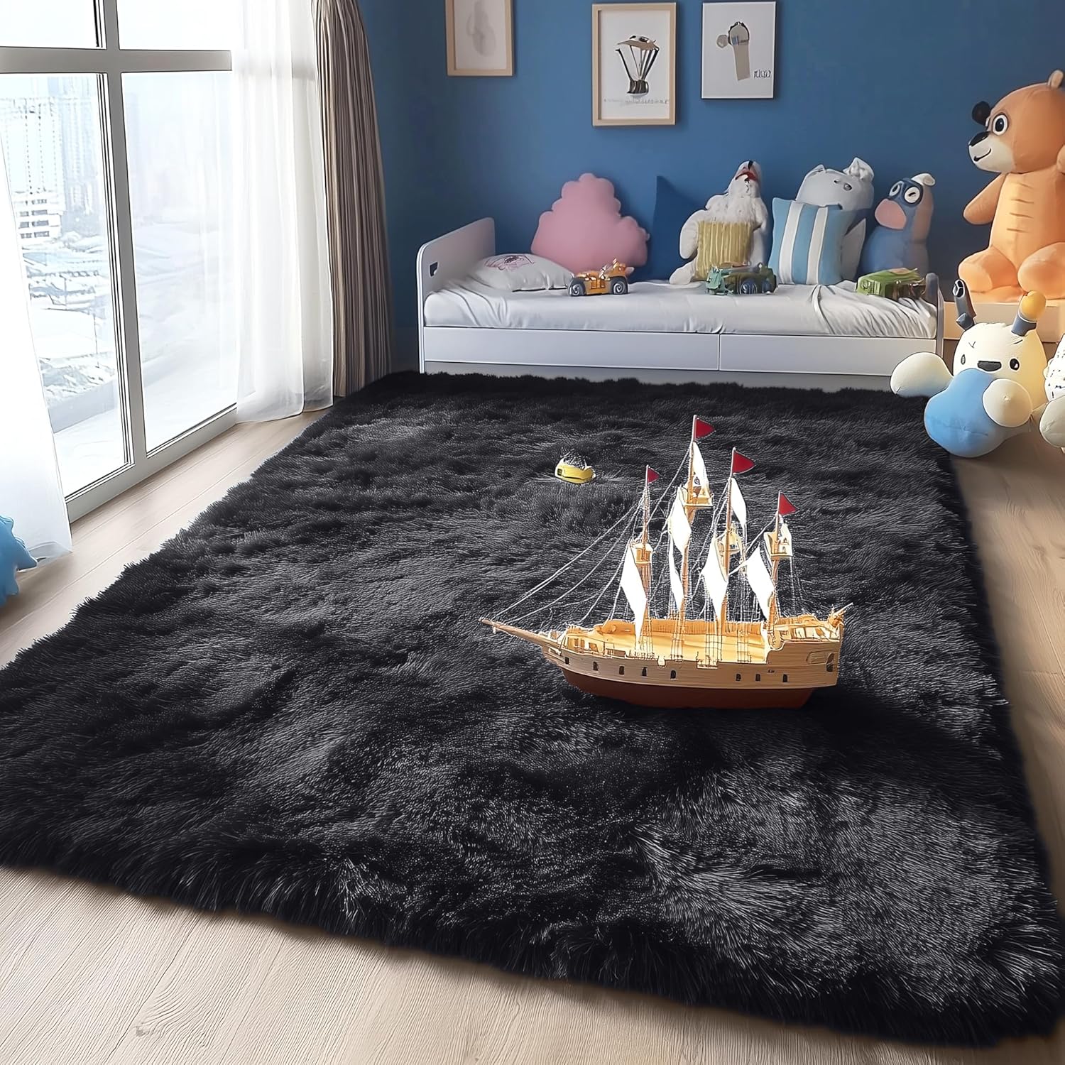 OLANLY Area Rugs - Soft Fluffy Shaggy Indoor Carpet for Living Room & Bedroom | Machine Washable, Black