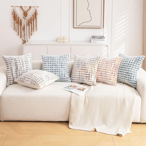 CATOLAT Boho Throw Pillow Covers Set of 2-18x18 Inch Farmhouse Tufted Pillow Covers Neutral Chenille Boho Throw Pillows, Accent Fluffy Pillow Cases for Couch Living Room Bed Sofa, Yellow and White