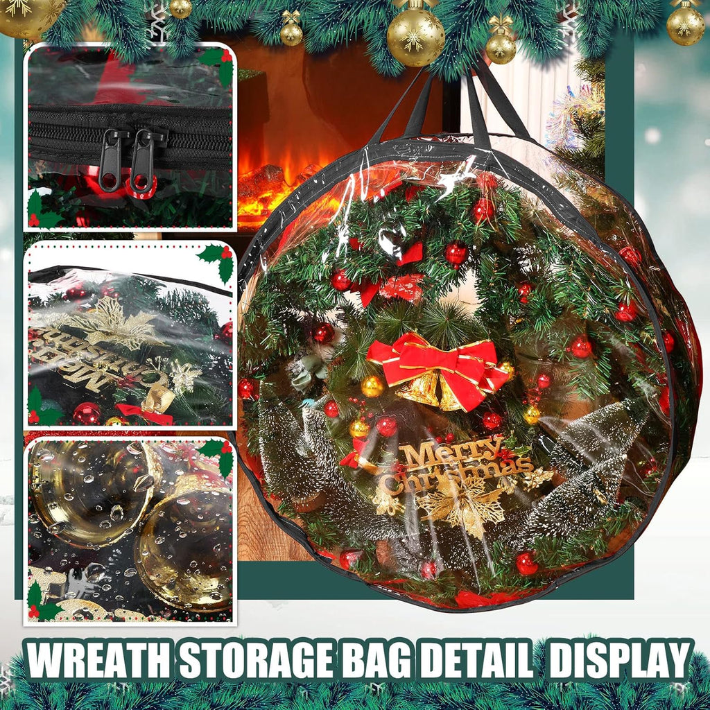 Shappy Christmas Wreath Storage Bag - 24-Inch Clear Container with Dual Zippers & Reinforced Handles | Black