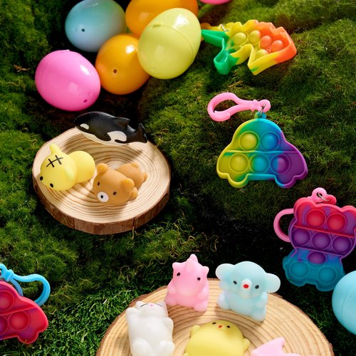 JOYIN 24 Pcs Prefilled Easter Eggs with Assorted Toys, Filled with Mochi and pop Bubble Keychains, Easter Stuffed Toys for Kids to Egg Hunt, Kids Basket Stuffers, Party Favor, Classroom Prize