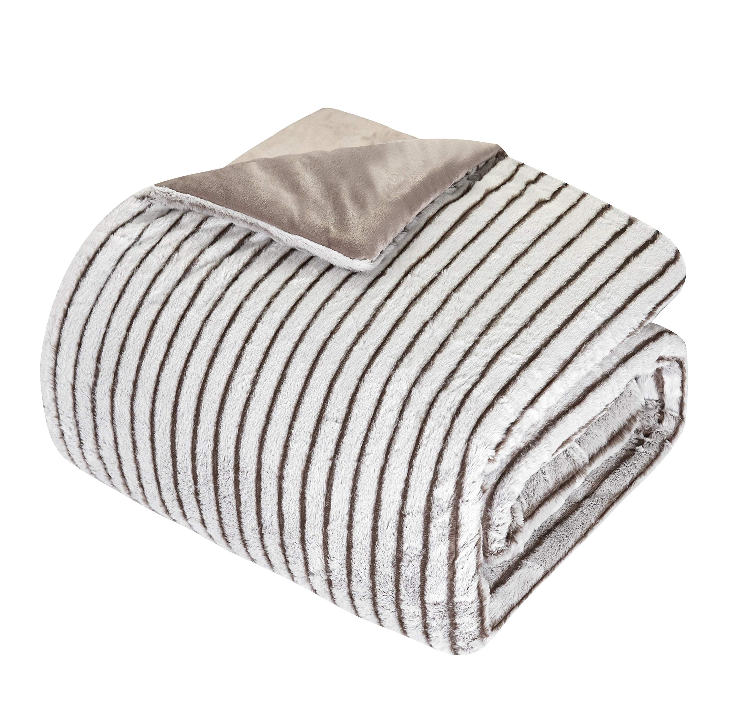 Dearfoams Drydon Stripe Plush 3 piece Soft Comforter Set with Mink Reverse, Queen Size