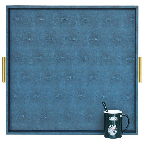 HofferRuffer Extra Large Square Serving Tray, Elegant Faux Leather Ottoman Tray with Gold Hardware Handles, Serve Tea, Coffee or Breakfast in Bed, 24 x 24 inches (Navy Blue Shagreen)
