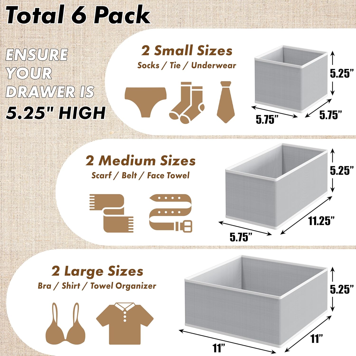Simple Houseware Underwear Drawer Organizer - Set of 6 for Lingerie, Bras, Panties & Socks | Gray