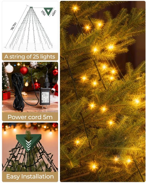Christmas Tree Lights, 400 LED Cascading Twinkle Waterfall Lights with 8 Light Modes & Memory Function, 6.6FT x 16 Lines Outdoor Xmas Light for Christmas Tree Toppers Decoration - Warm White