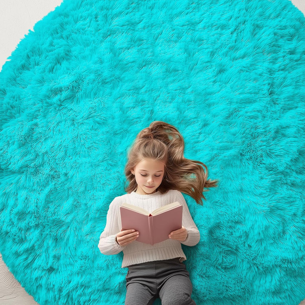 OLANLY Teal Blue Round Rug - Soft, Fluffy Shaggy Carpet | 7 ft Machine Washable Area Rug for Bedroom & Living Room Decor