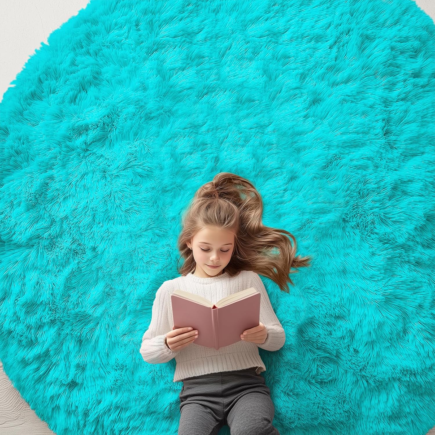 OLANLY Teal Blue Round Rug - Soft, Fluffy Shaggy Carpet | 7 ft Machine Washable Area Rug for Bedroom & Living Room Decor
