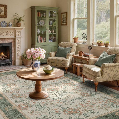 GarveeHome 5x7 Christmas Area Rug Sage Green Washable Rugs for Living Room Bedroom, Soft Low Pile Non Slip French Country Floor Mat Botanical Floral Print Throw Rug Indoor Carpet Dining Room Playroom