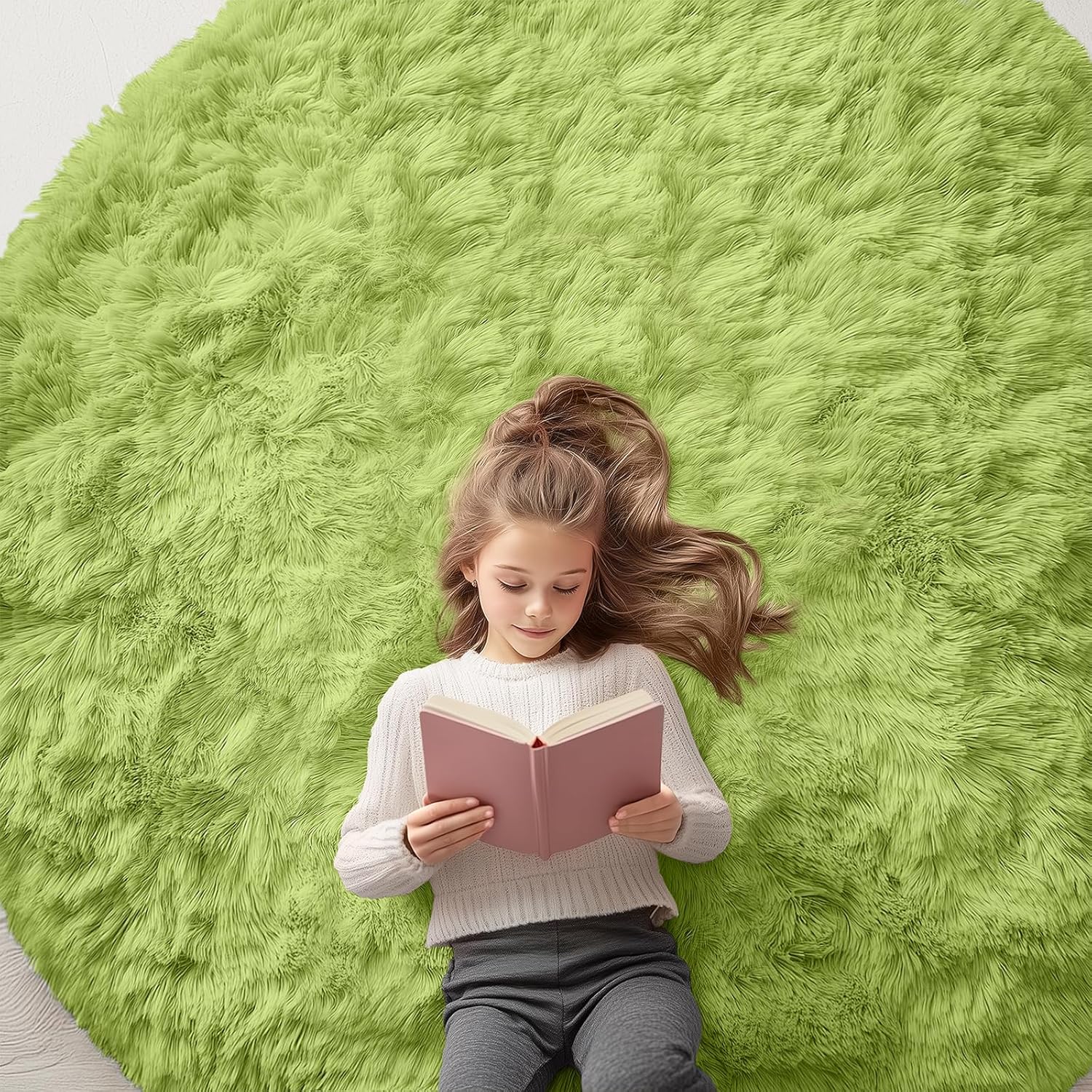 OLANLY Round Grass Green Area Rug - Soft, Fluffy, Machine Washable 6 ft Carpet for Bedroom & Living Room Decor