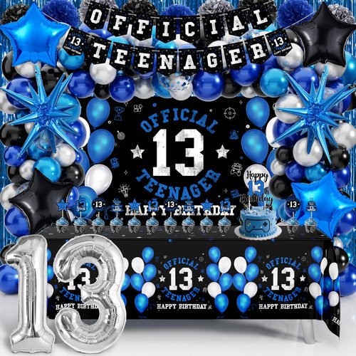 13th Birthday Decorations for Boys, Official Teenager Happy 13th Birthday Decor with Banner Backdrop Tablecloth & Number 13 Balloon Arch Kit for 13 Year Old Birthday Party Supplies(Black Blue)