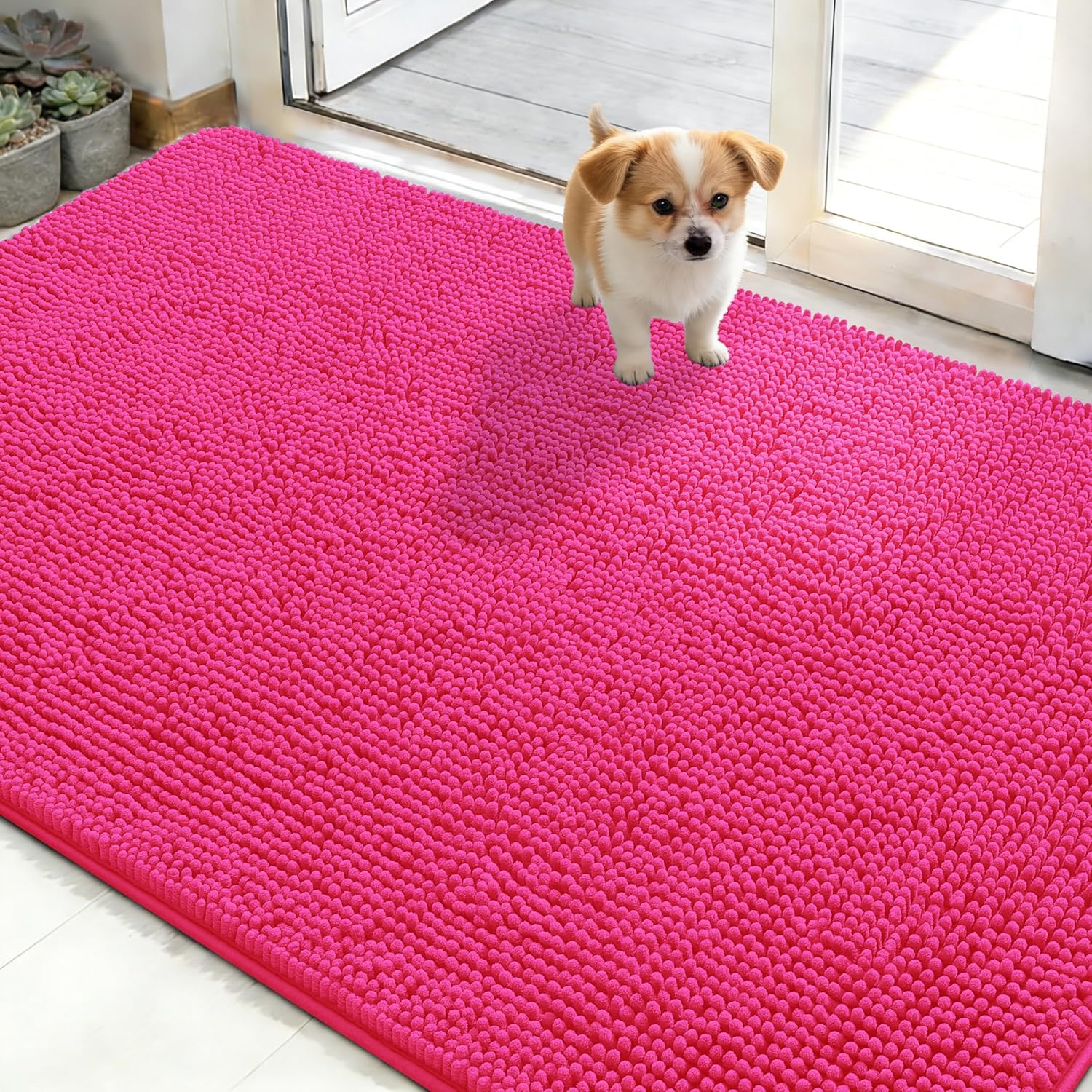 OLANLY Dog Door Mat - Absorbent Non-Slip Chenille Mat for Muddy Paws | 50x30, Quick Dry, Hot Pink