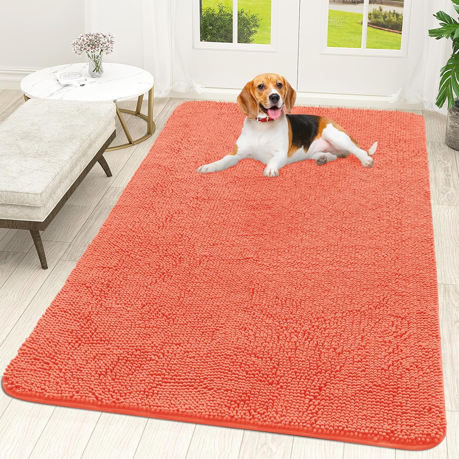 OLANLY Dog Door Mat - Absorbent Non-Slip Washable Doormat for Muddy Paws | 59x35 Coral Color