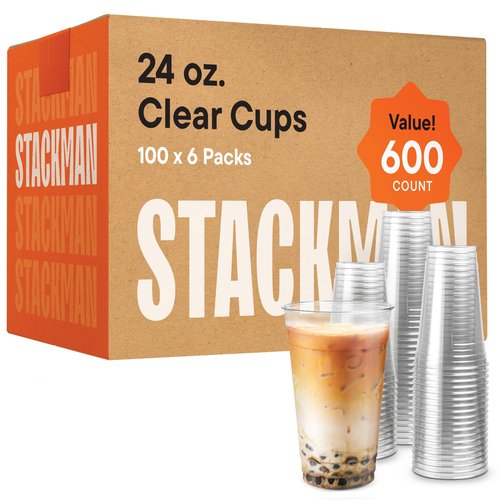 24 oz Clear Plastic Cups Bulk [600 Pack - 24oz.] - Disposable PET Plastic Cups in Bulk (Compatible with Lids) for Cold Iced Coffee, Bubble Tea, Milk Shakes, Smoothies, Beer & To-Go - 24 Ounce Cup