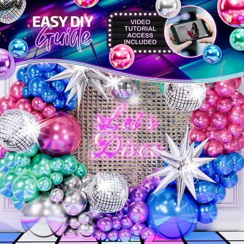 ALL-IN-1 Disco Balloon Arch Kit with BONUS Disco Balls & Starbursts for Disco Party Decorations - Metallic Balloon Arch Kit for 90s Theme Party Decoration, Prom Decoration, Karaoke Party Decorations
