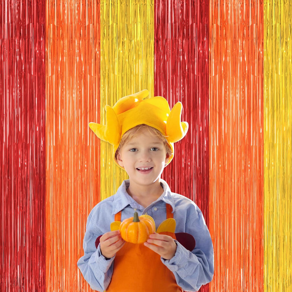 Regine Switzerland Thanksgiving Backdrop - 2 Pack Red Orange Gold Metallic Fringe Curtains | 3.28 FT x 7.05 FT Photo Props