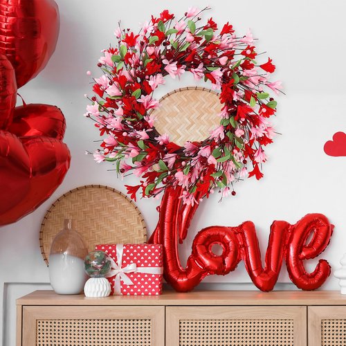Sggvecsy 20in Valentine's Day Wreath Artificial Pink Red Forsythia Spring Summer Fake Silk Wreath with Heart Berries Green Leaves for Gifts Festival Front Door Window Wall Farmhouse Decor