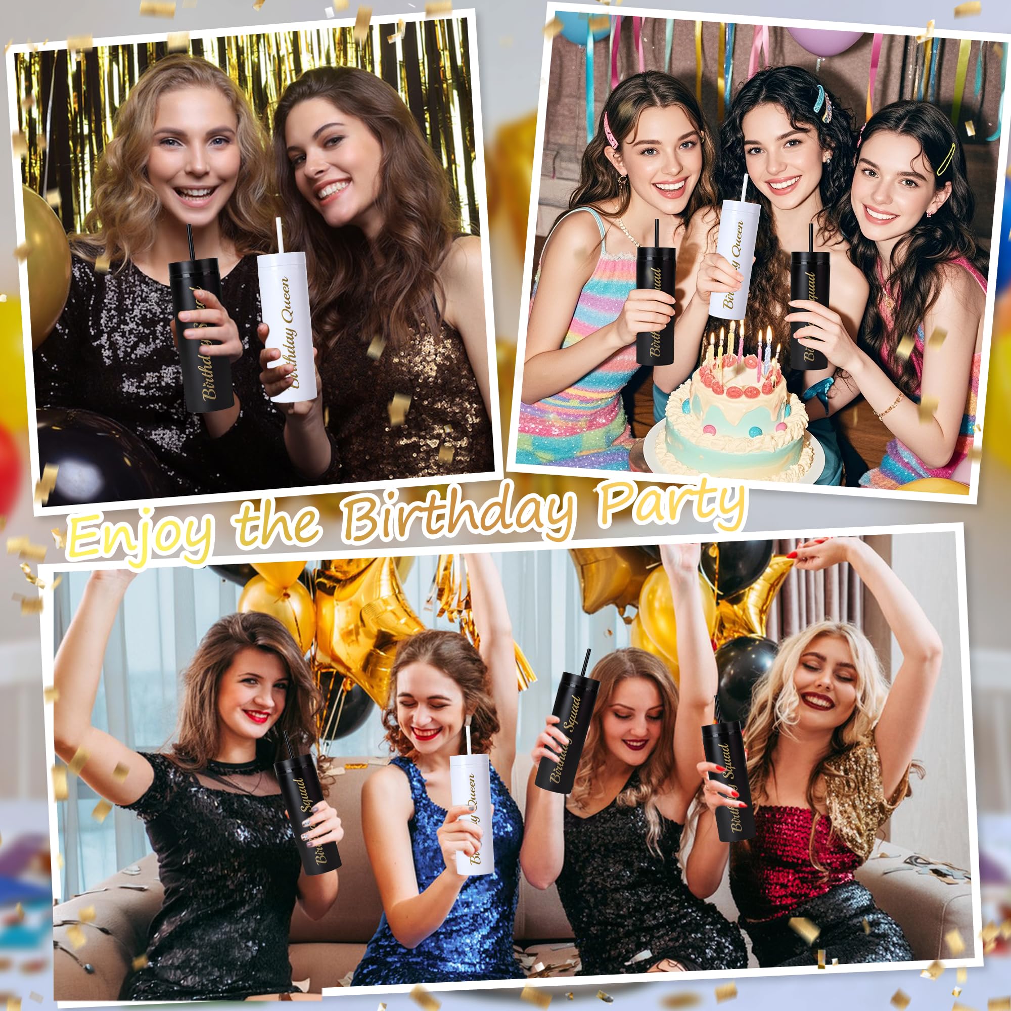 10 Pack Birthday Party Cups 16 oz Double Wall Birthday Squad Tumblers Birthday Queen Plastic Tumbler with Lid and Straws Birthday Cup Women Trip Cups for Women Trip Weekend Birthday Gifts(Black)