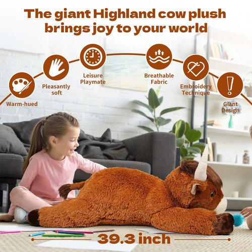 Ksidzas 39 Inch Giant Highland Cow Stuffed Animal, Big Cattle Plushie Toy for Kids & Adults, Fluffy Large Size Stuffed Cow Hugging Pillow Gifts for Birthday Christmas