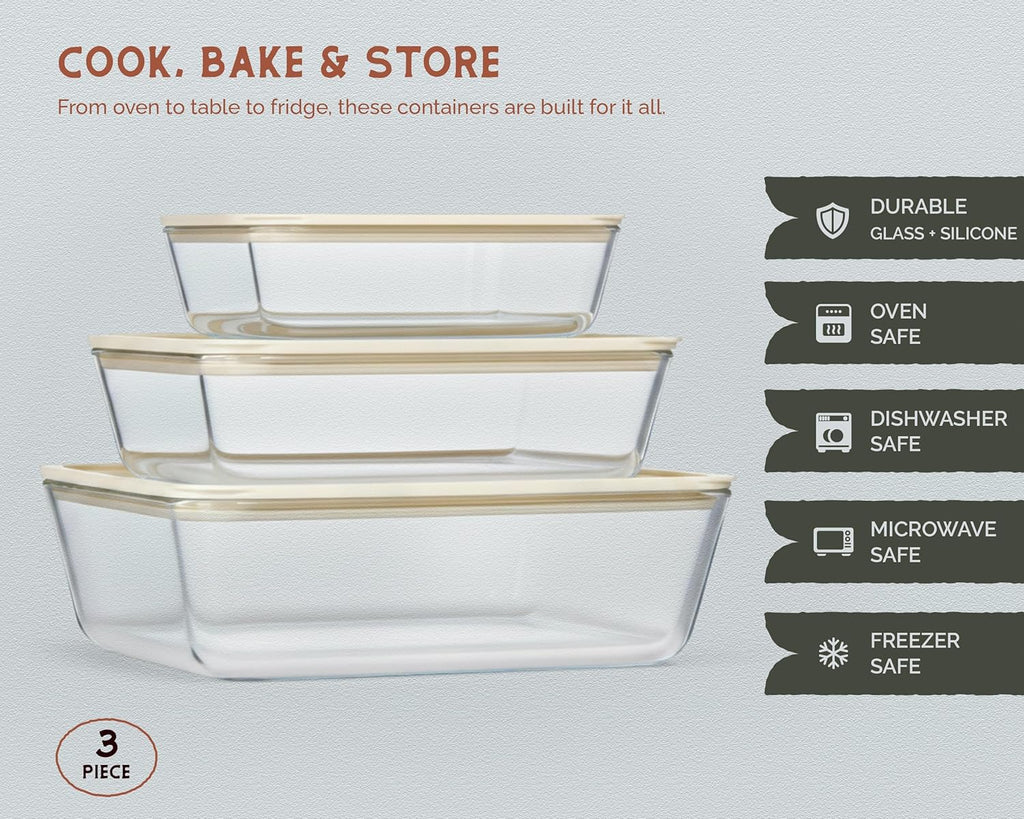 Skiennix Glass Storage Container Set - Borosilicate Glass with Tempered Lids | Airtight & Microwave Safe (Rectangular - Set of 3)