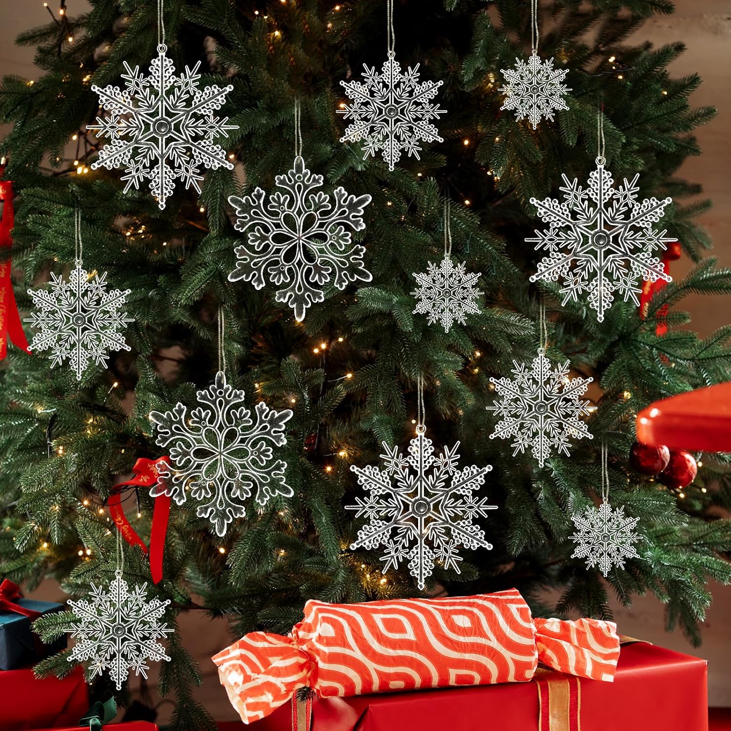 Skiennix Snowflake Ornaments - 36Pcs Clear Plastic Hanging Decorations for Winter Wonderland Decor