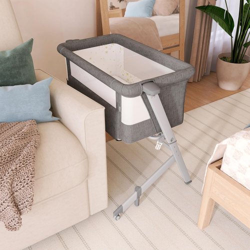 Dream On Me Skylar Bassinet and Bedside Sleeper, Adjustable Heights, Breathable Mesh Sides, Plush Mattress Pad, Wheels with Safety Locks & Tool-Free Assembly, Compact Fold & Travel Bag - Grey
