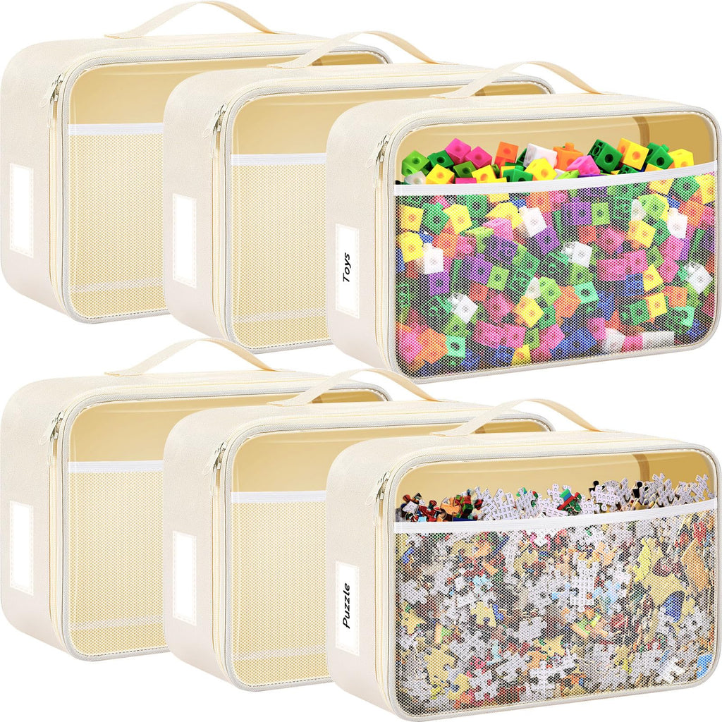 Abbylike 6 Pack Toy Storage Bag Bricks Building Set Car Toy Organization Bags for Traveling Carrying Case, Storage Organizer Puzzles(White)